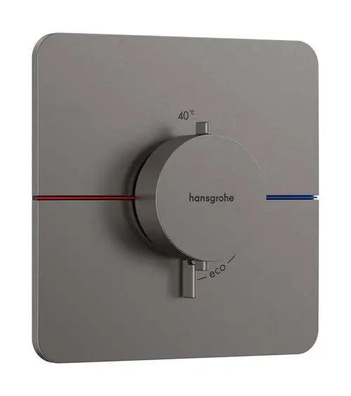 Thermostat von Hansgrohe in gebürstetem Schwarzchrom mit Drehregler für Temperatur und Eco-Funktion, auf quadratischem Plattenfeld angebracht.
